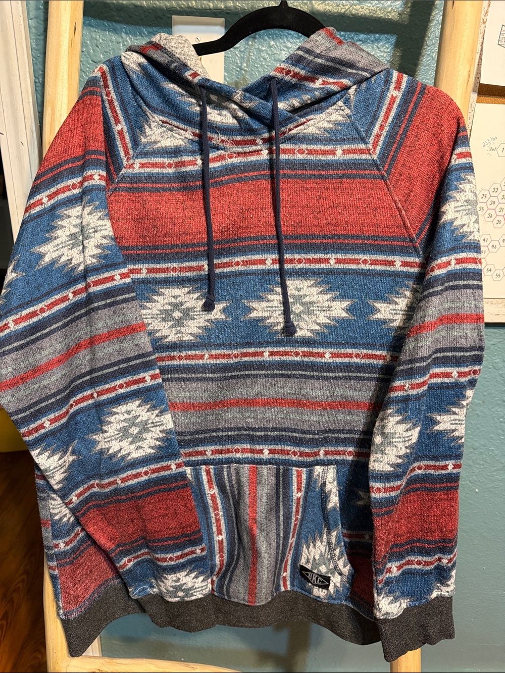 Men's Southwestern Pattern Hooded Sweatshirt - Red & Blue